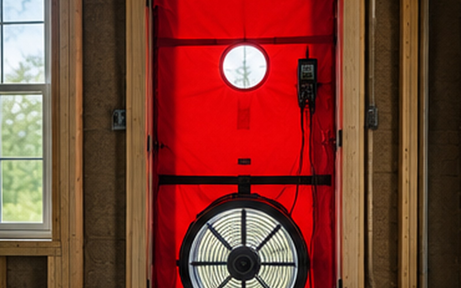 Blower door testing fan in doorway
